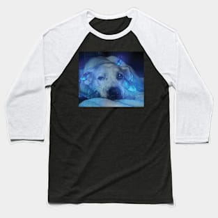 Dog and Blue Glowing Butterflies Baseball T-Shirt